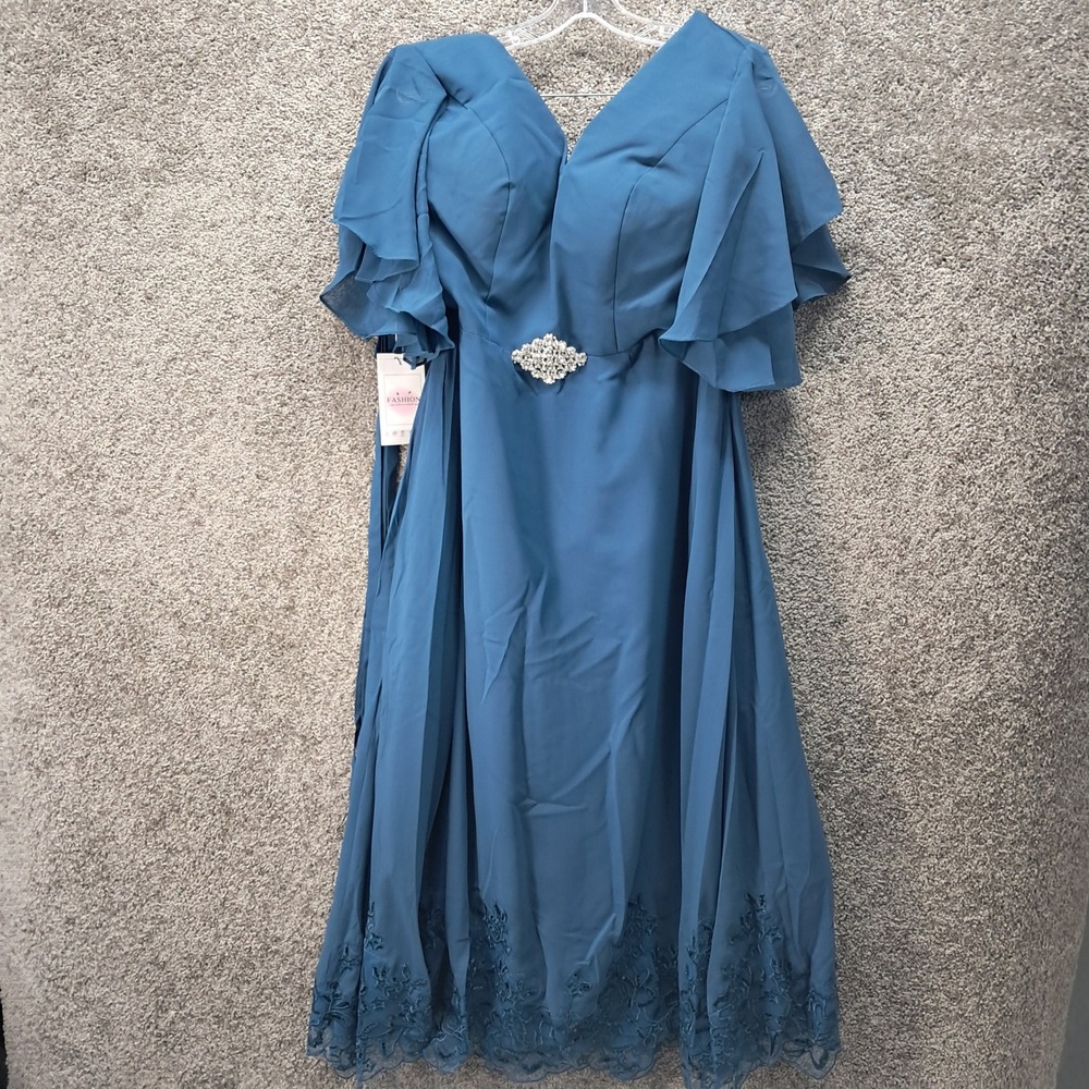 Simple Fashion Women Blue Flutter Sleeve Lace Hem Formal Gown Size 12